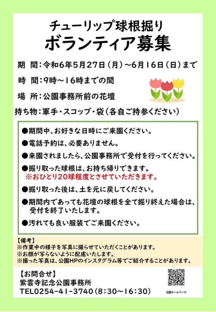 チューリップ球根堀り ボランティア募集（ご好評につき6/9（日）で終了  